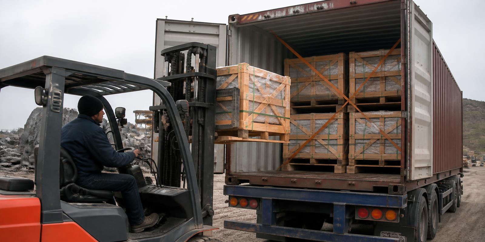 Crates of Shahabad limestone being loaded into a forty-foot container, chocked and lashed