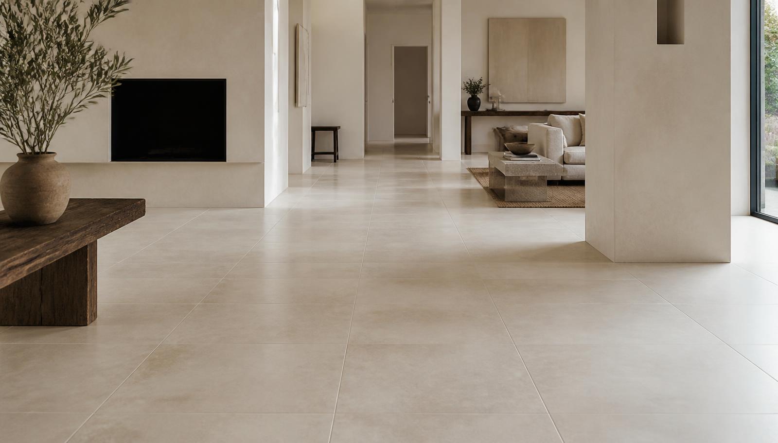 Honed Shahabad Cream limestone floor laid in a calm open living space