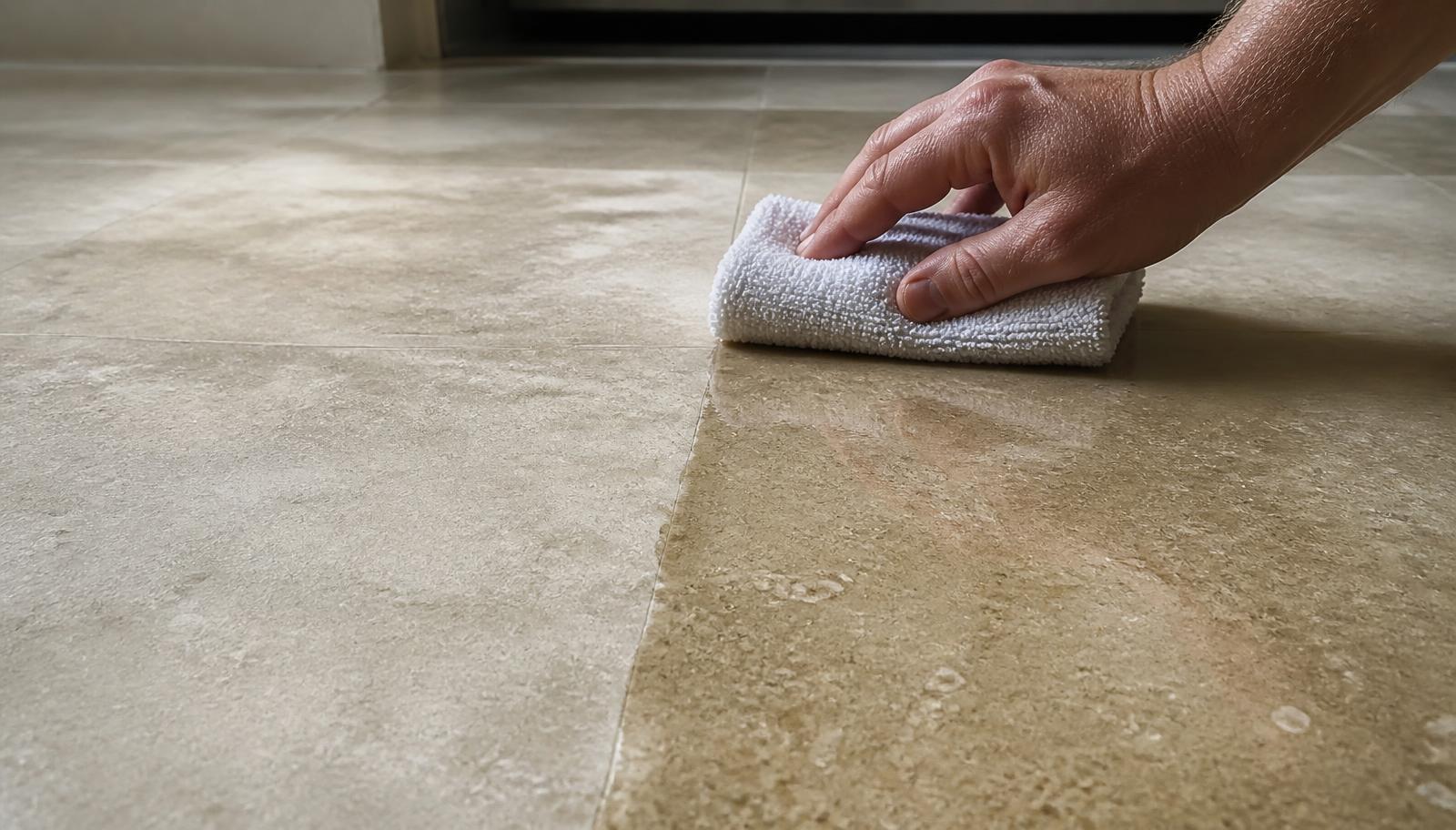 Impregnating sealer being worked into a honed Shahabad limestone floor with a microfibre pad