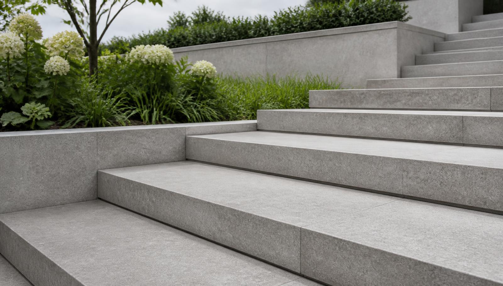 External Shahabad Grey limestone stair treads with sawn edges and a fine-textured surface