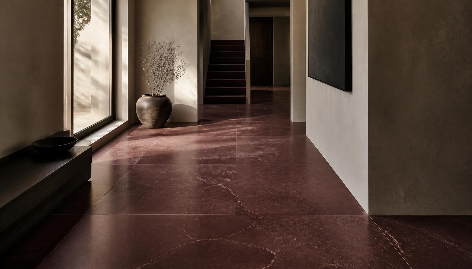 Honed Shahabad Maroon limestone floor laid in a minimal hallway under raking daylight