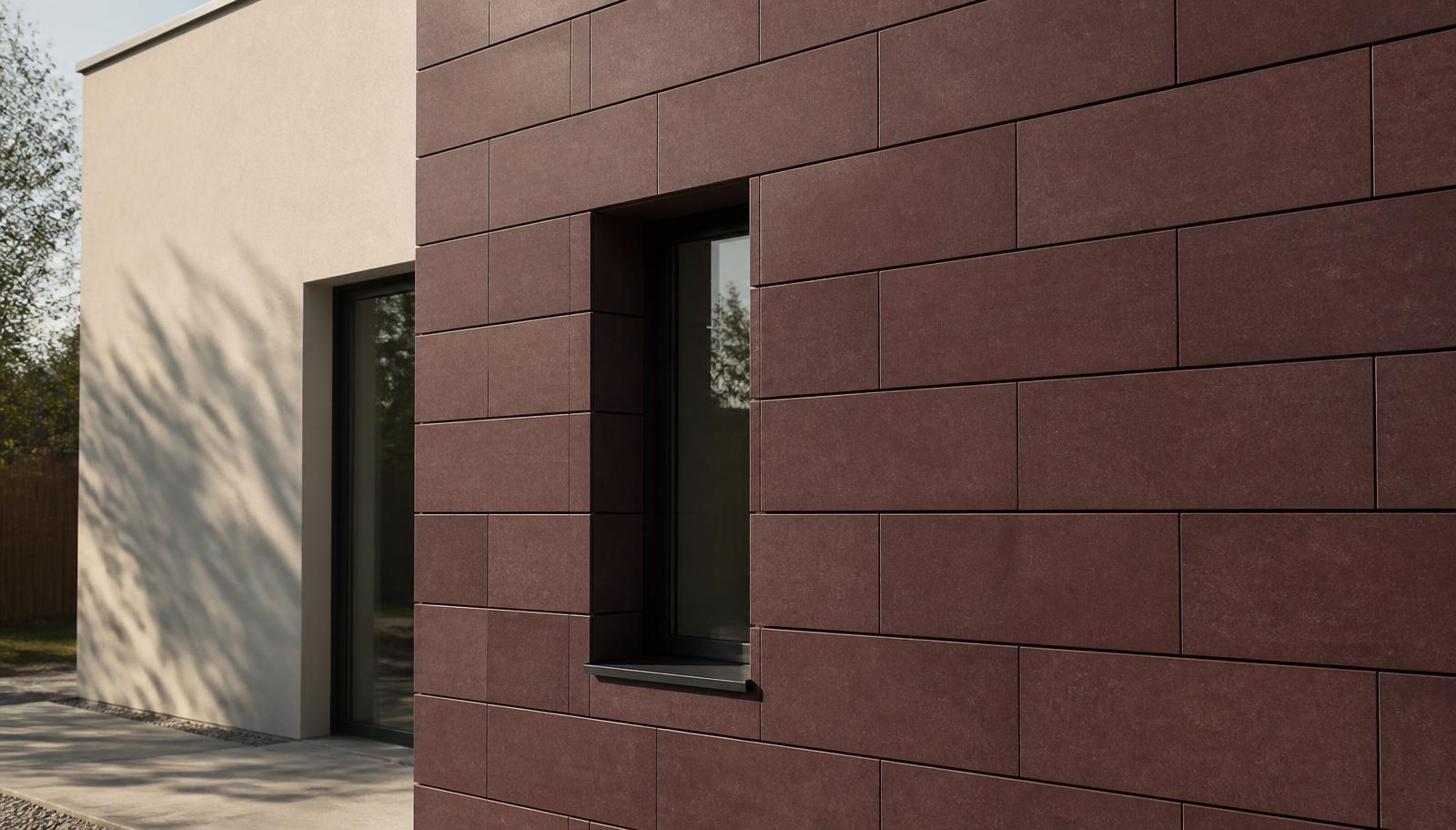 External wall clad in honed Shahabad Maroon limestone panels in a regular stack bond