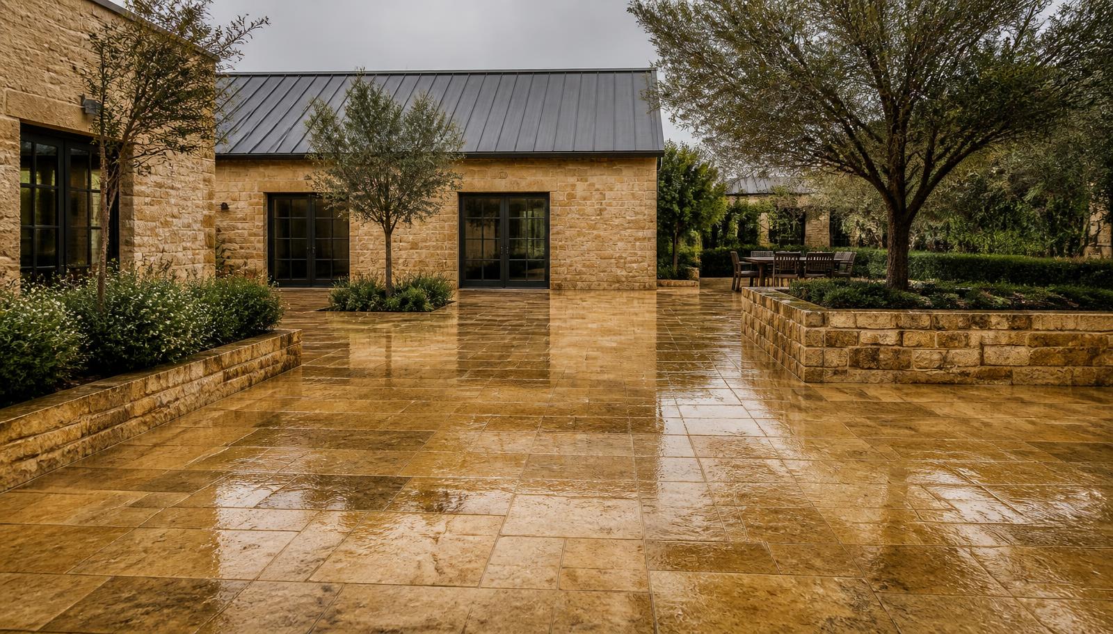 Shahabad Yellow limestone paved courtyard after rain, the wet surface reading deep honey