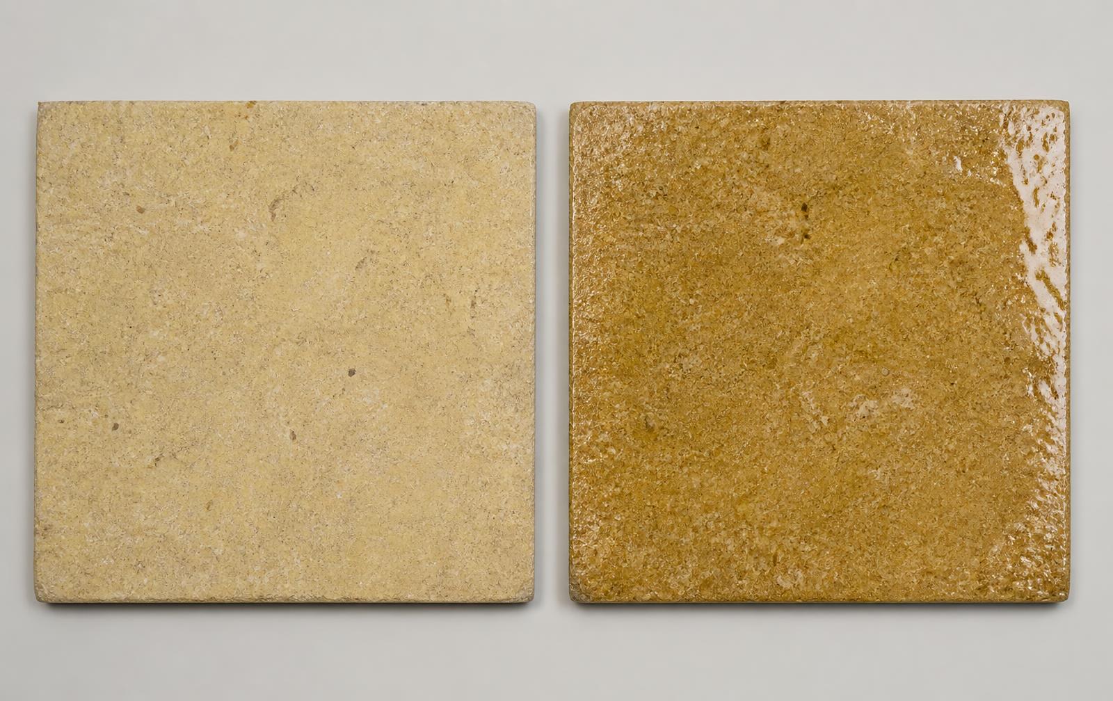 Two Shahabad Yellow limestone tiles side by side, one dry and one wetted to show the darker tone